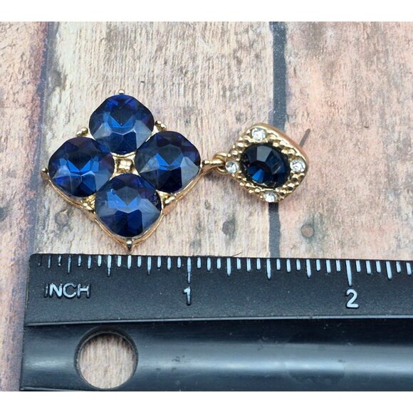 Formal Blue Crystal & Gold Tone Dangle Drop Statement Earrings Pierced Prom Even - Picture 5 of 5